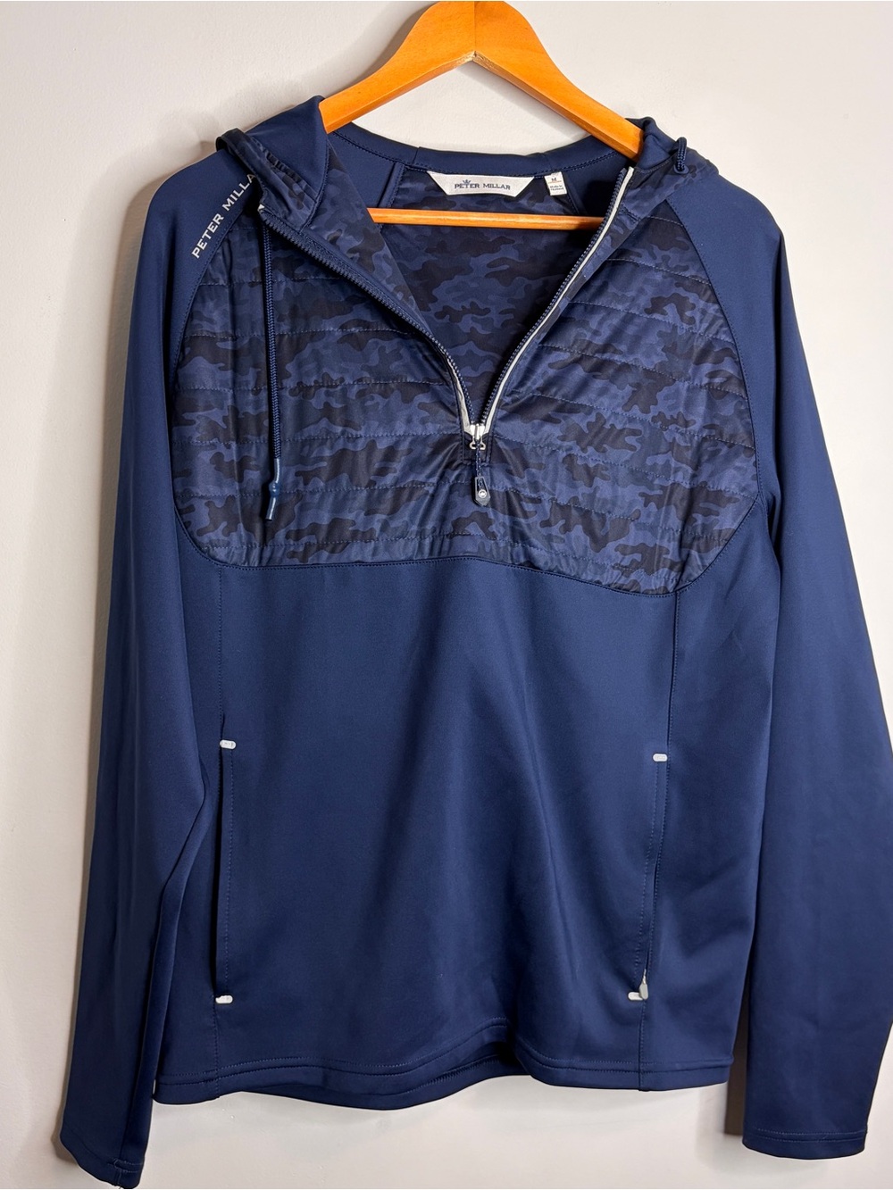 Peter Millar Hyperlight Weld Navy Hybrid Half-Zip Hoodie Jacket Camo Medium
